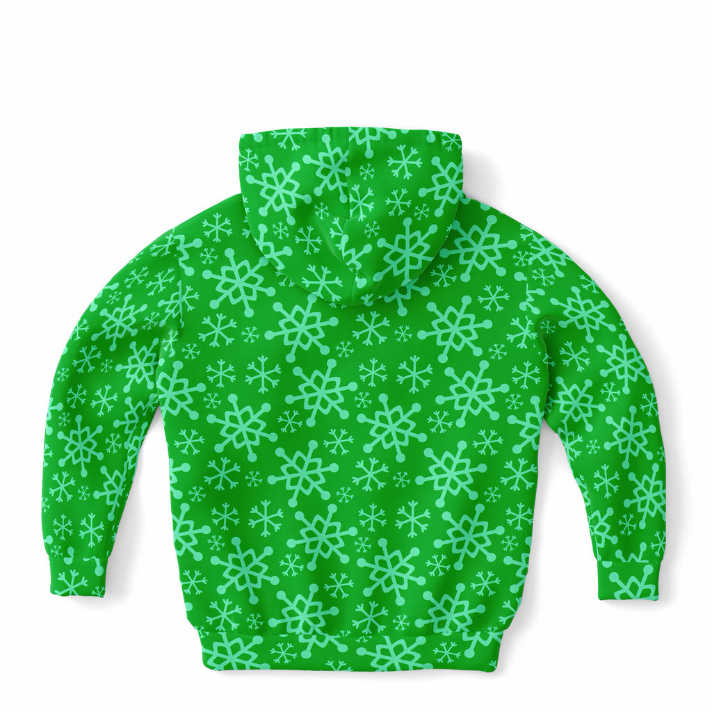 Kids Green Snowflake Christmas Hoodie – Ultra Comfy & Stretchy, Cozy Fleece or Lightweight Sports Fabric, Double-Layer Hood & Kangaroo Pocket