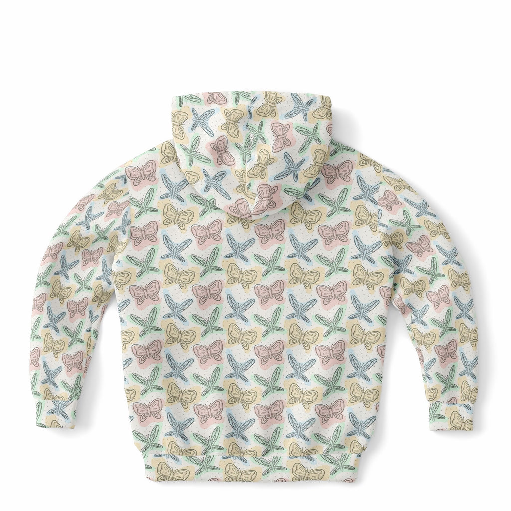 Kids Pastel Butterfly & Dragonfly Hoodie – Ultra Comfy & Stretchy, Cozy Fleece or Lightweight Sports Fabric, Double-Layer Hood & Kangaroo Pocket
