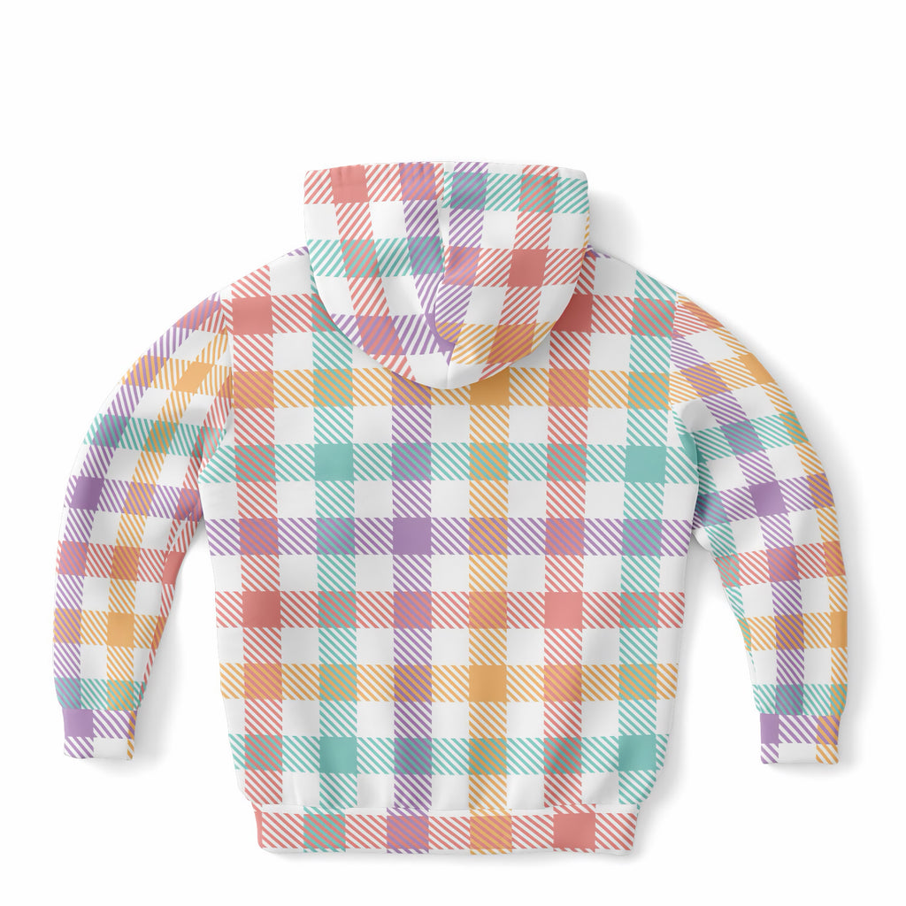 Girls Colorful Pastel Plaid Hoodie – Ultra Comfy & Stretchy, Cozy Fleece or Lightweight Sports Fabric, Double-Layer Hood & Kangaroo Pocket