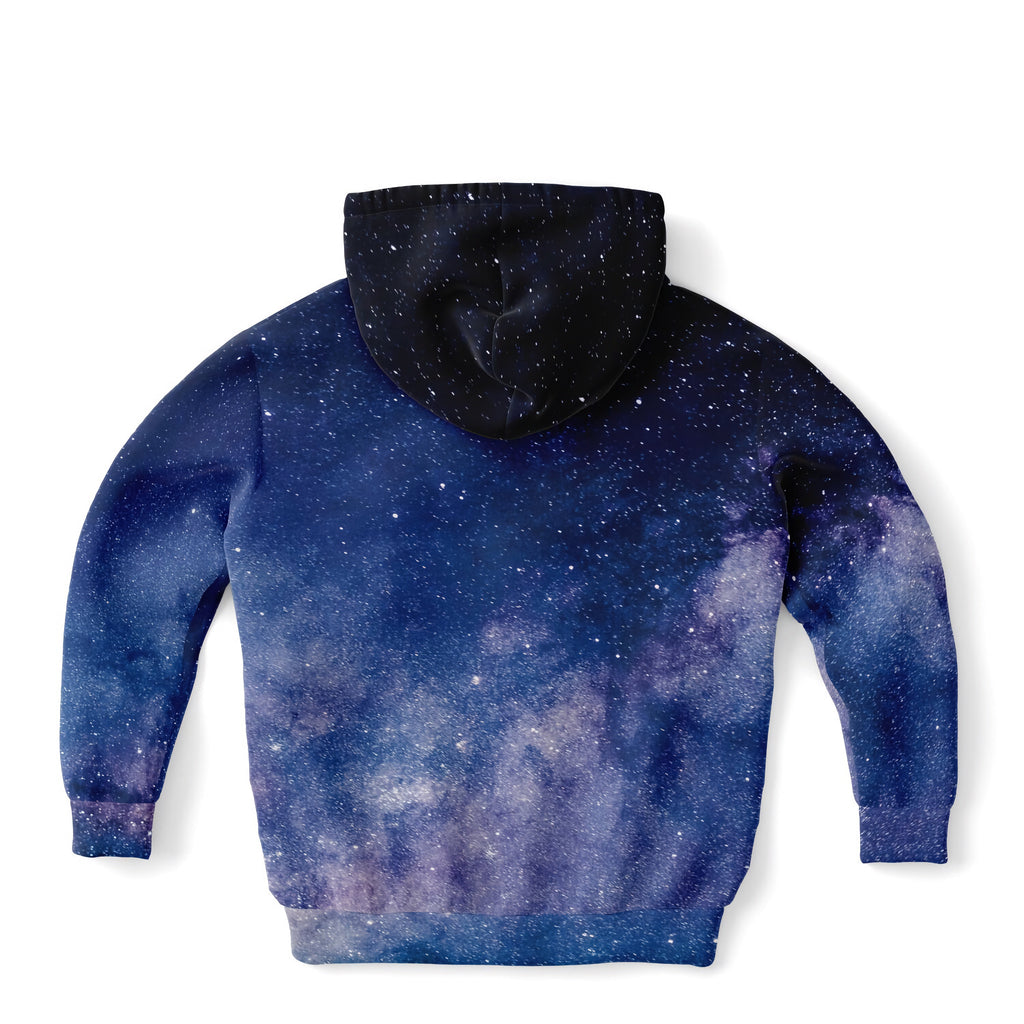 Kids realistic galaxy hoodie in navy blue and purple with black hood featuring stars nebulae print in cozy cotton fleece