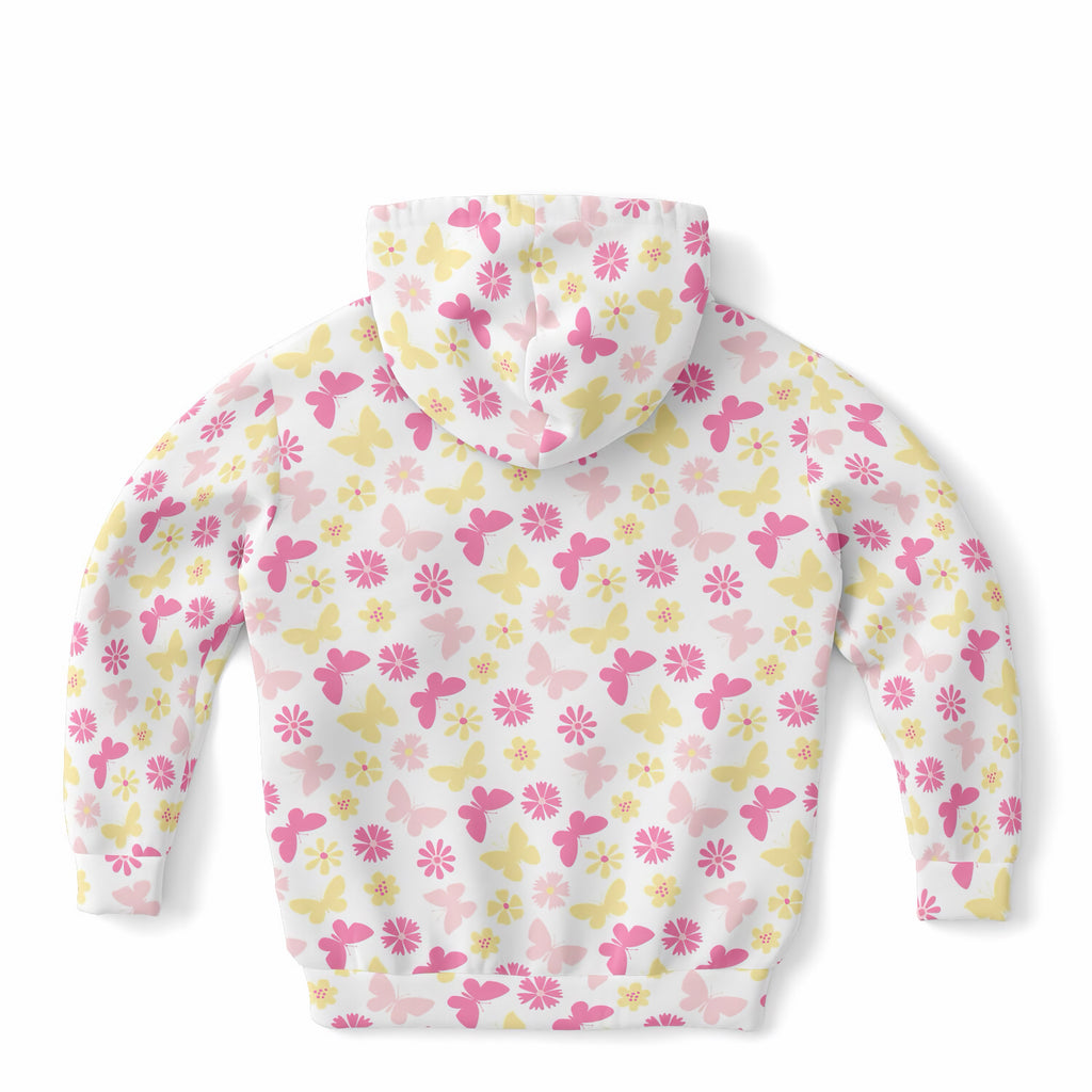 Girls Pink Butterfly & Daisy Hoodie – Ultra Comfy & Stretchy, Cozy Fleece or Lightweight Sports Fabric, Double-Layer Hood & Kangaroo Pocket