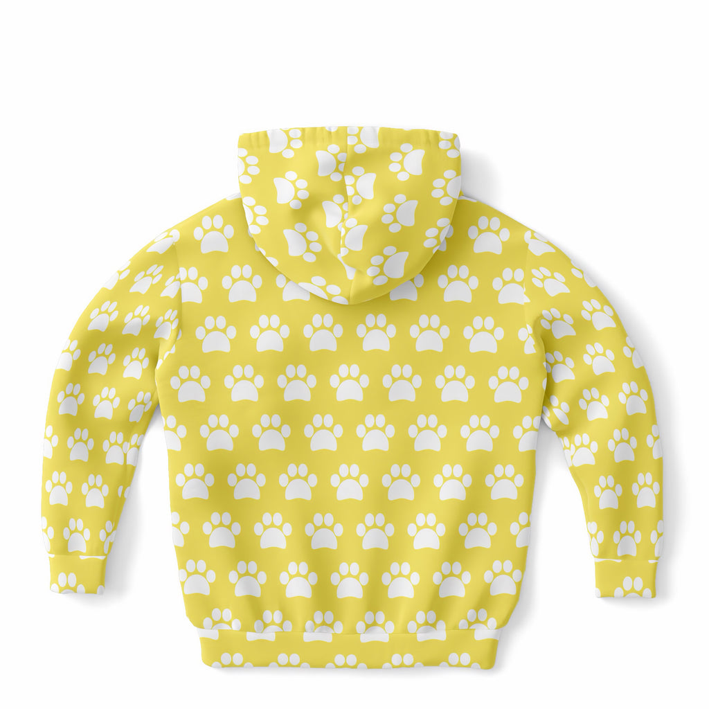 Kids Yellow Paw Print Hoodie – Ultra Comfy & Stretchy, Cozy Fleece or Lightweight Sports Fabric, Double-Layer Hood & Kangaroo Pocket