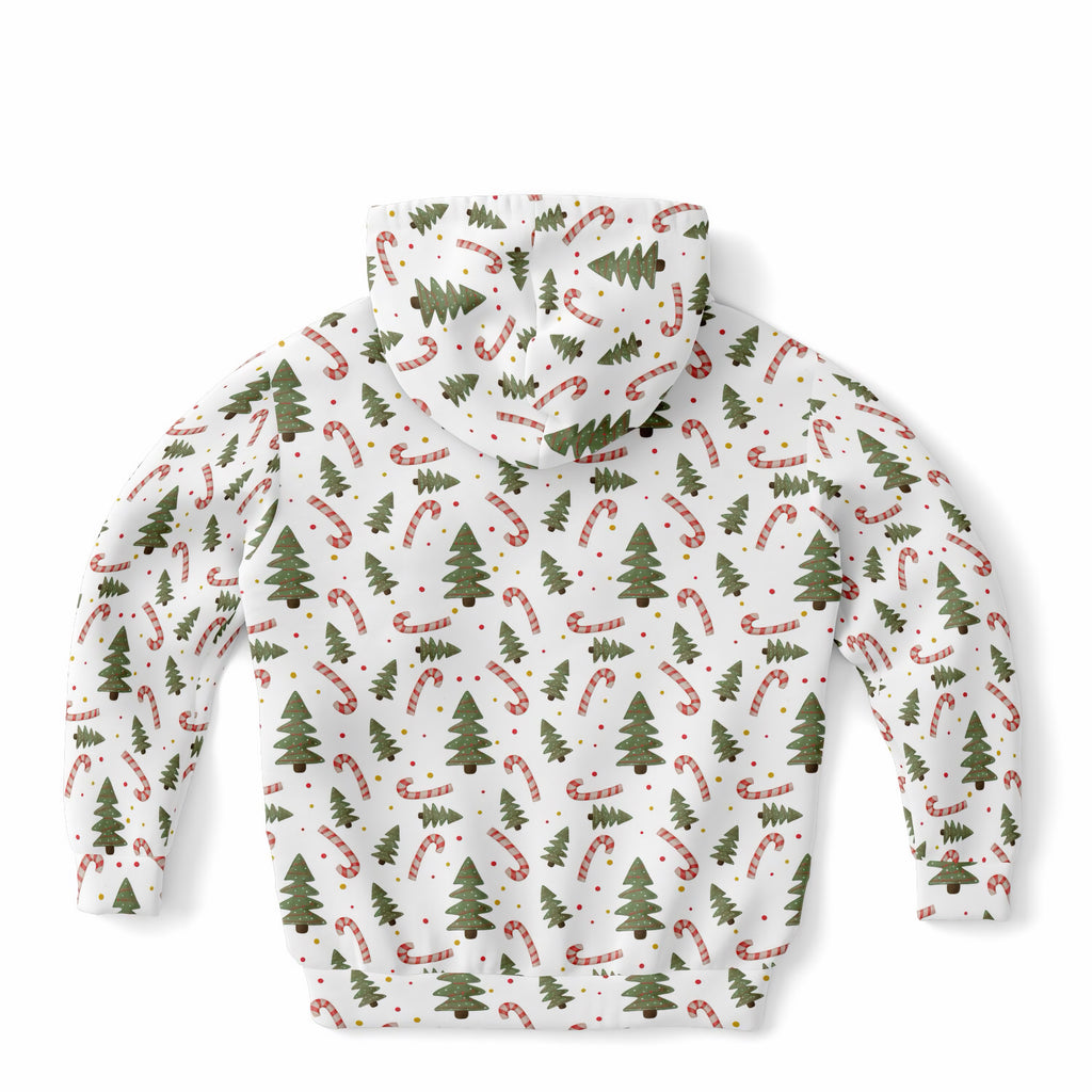 Kids Christmas Tree Candy Cane Hoodie – Ultra Comfy & Stretchy, Cozy Fleece or Lightweight Sports Fabric, Double-Layer Hood & Kangaroo Pocket