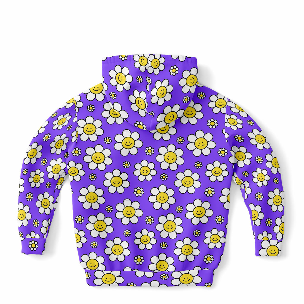 Girls Purple Smile Daisy Hoodie – Ultra Comfy & Stretchy, Cozy Fleece or Lightweight Sports Fabric, Double-Layer Hood & Kangaroo Pocket