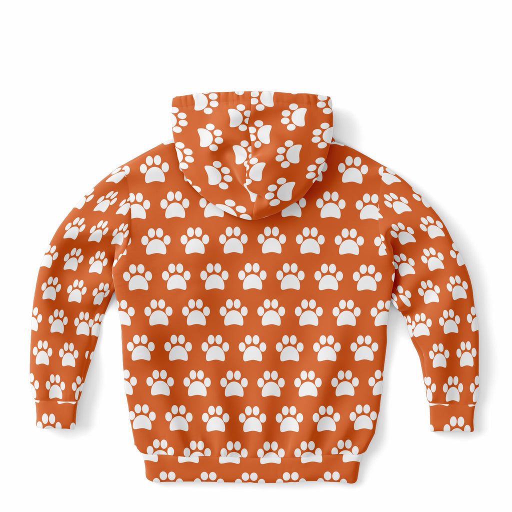 Kids Orange Paw Print Hoodie – Ultra Comfy & Stretchy, Cozy Fleece or Lightweight Sports Fabric, Double-Layer Hood & Kangaroo Pocket