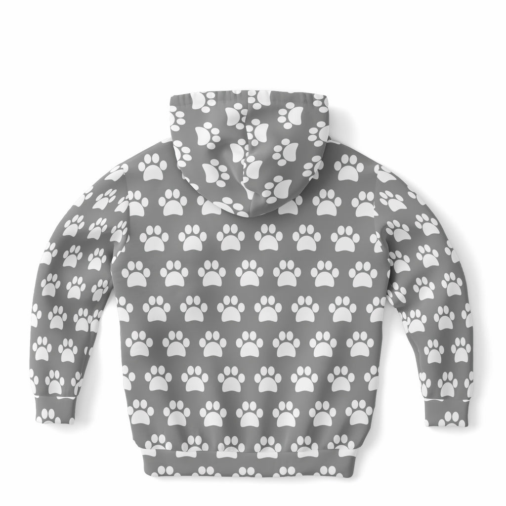 Kids Gray Paw Print Hoodie – Ultra Comfy & Stretchy, Cozy Fleece or Lightweight Sports Fabric, Double-Layer Hood & Kangaroo Pocket