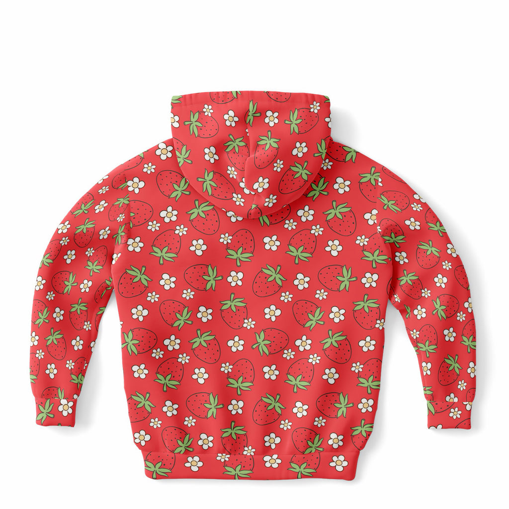 Kids Red Strawberry Hoodie – Ultra Comfy & Stretchy, Cozy Fleece or Lightweight Sports Fabric, Double-Layer Hood & Kangaroo Pocket