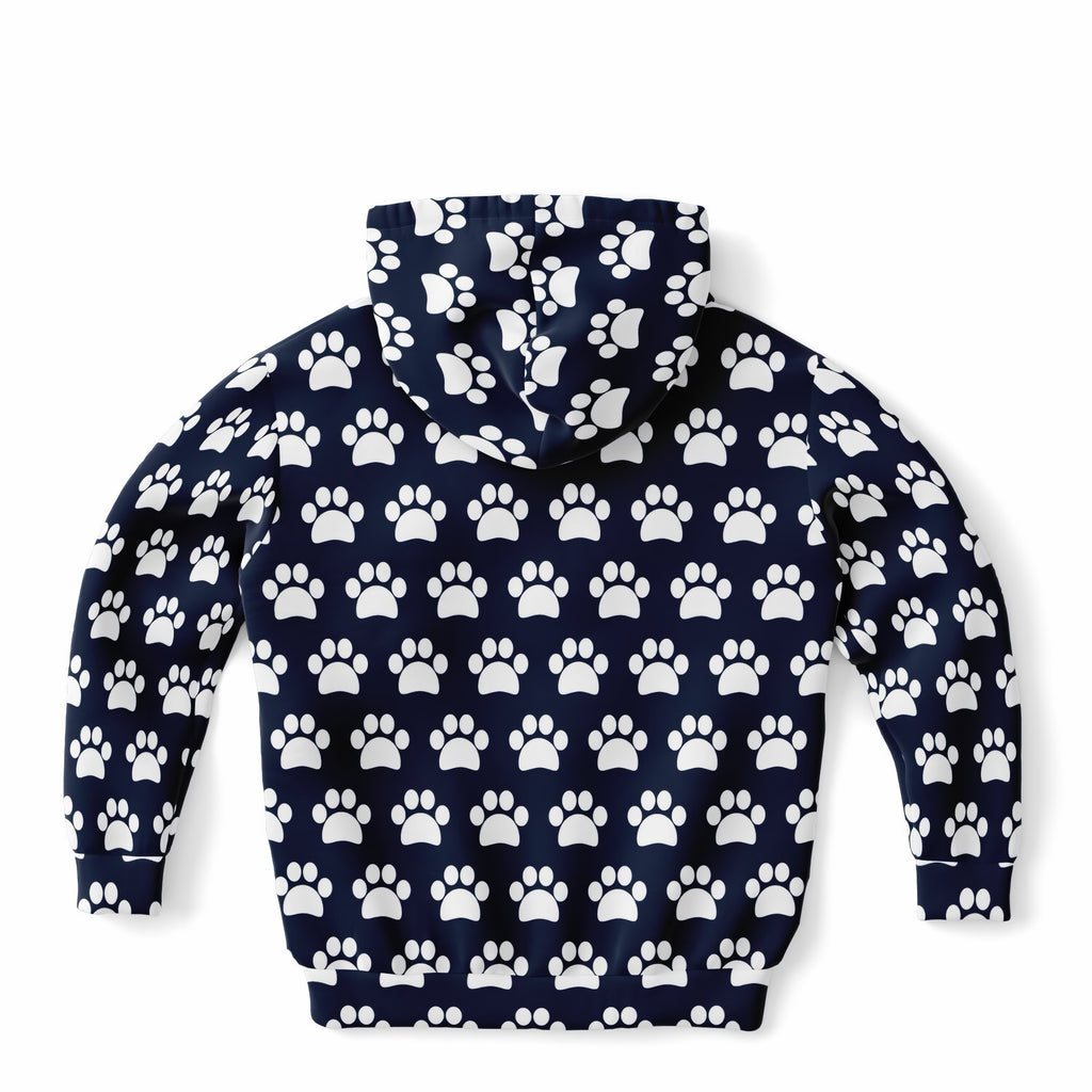 Kids Navy Blue Paw Print Hoodie – Ultra Comfy & Stretchy, Cozy Fleece or Lightweight Sports Fabric, Double-Layer Hood & Kangaroo Pocket