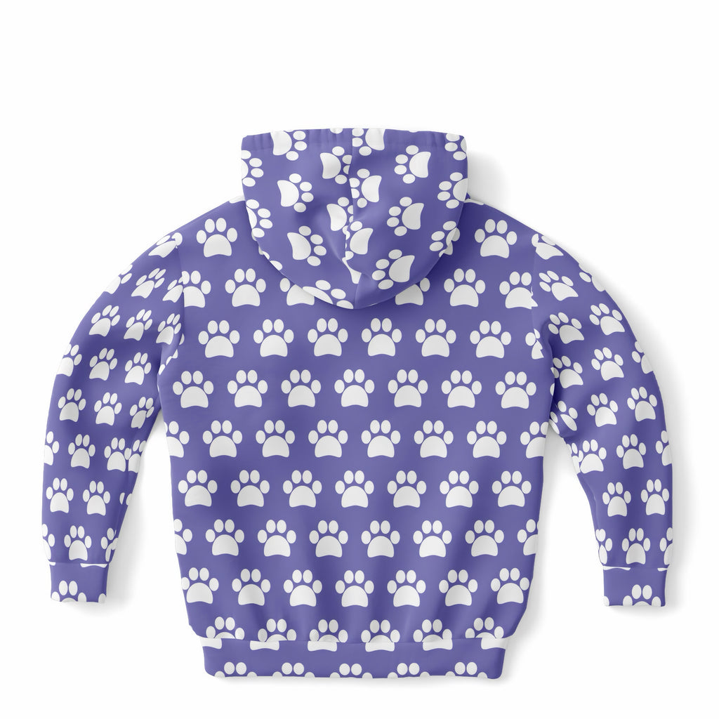 Girls Purple Paw Print Hoodie – Ultra Comfy & Stretchy, Cozy Fleece or Lightweight Sports Fabric, Double-Layer Hood & Kangaroo Pocket