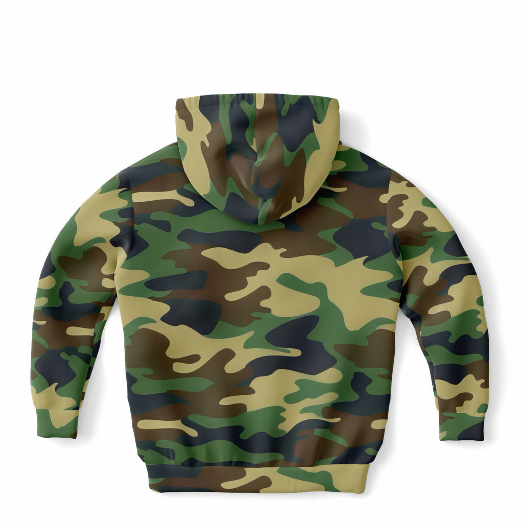 Kids Green Classic Woodland Camouflage Hoodie – Ultra Comfy & Stretchy, Cozy Fleece or Lightweight Sports Fabric, Double-Layer Hood & Kangaroo Pocket