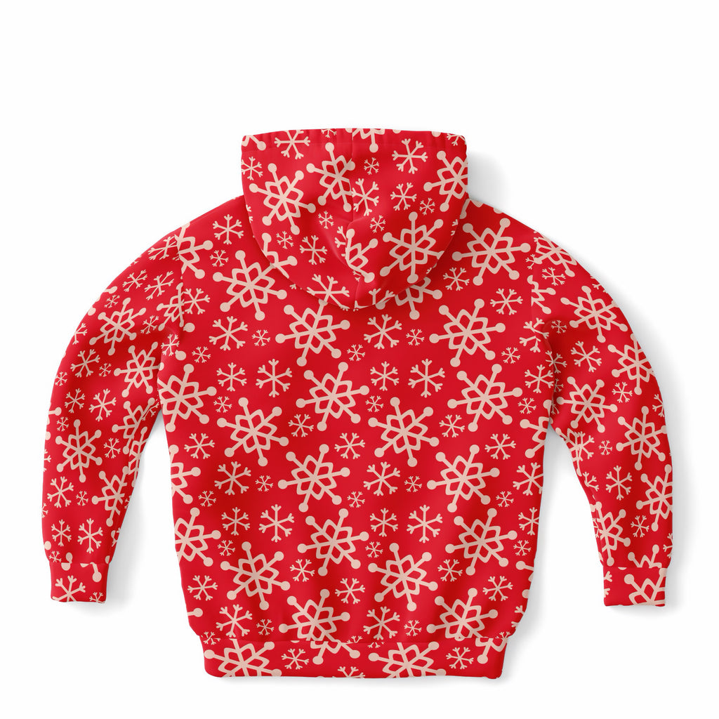 Kids Red Snowflake Christmas Hoodie – Ultra Comfy & Stretchy, Cozy Fleece or Lightweight Sports Fabric, Double-Layer Hood & Kangaroo Pocket