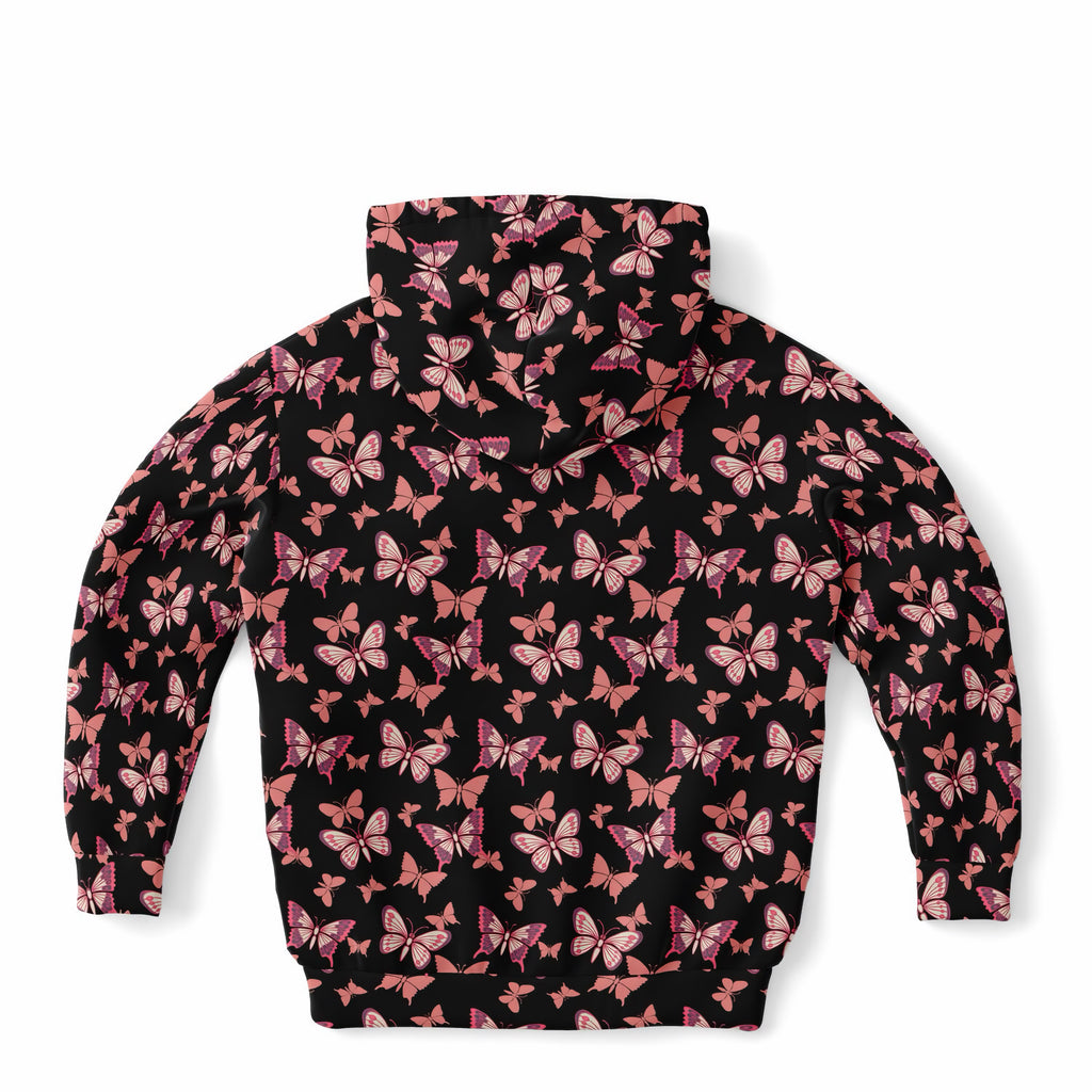 Girls Vibrant Pink Butterfly Hoodie – Ultra Comfy & Stretchy, Cozy Fleece or Lightweight Sports Fabric, Double-Layer Hood & Kangaroo Pocket