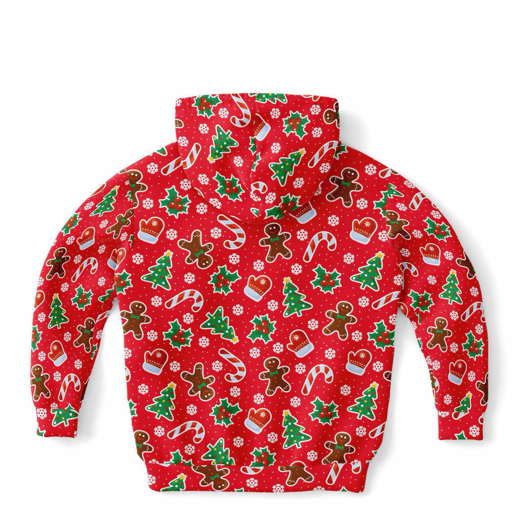 Kids Red Christmas Icons Hoodie – Ultra Comfy & Stretchy, Cozy Fleece or Lightweight Sports Fabric, Double-Layer Hood & Kangaroo Pocket