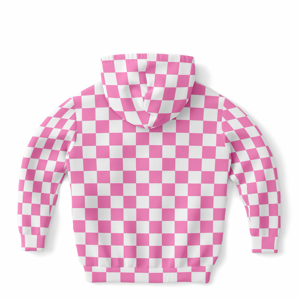 Girls Pink Checkered Hoodie – Ultra Comfy & Stretchy, Cozy Fleece or Lightweight Sports Fabric, Double-Layer Hood & Kangaroo Pocket