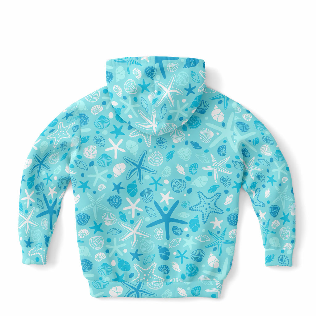 Kids Starfish & Shells Hoodie – Ultra Comfy & Stretchy, Cozy Fleece or Lightweight Sports Fabric, Double-Layer Hood & Kangaroo Pocket
