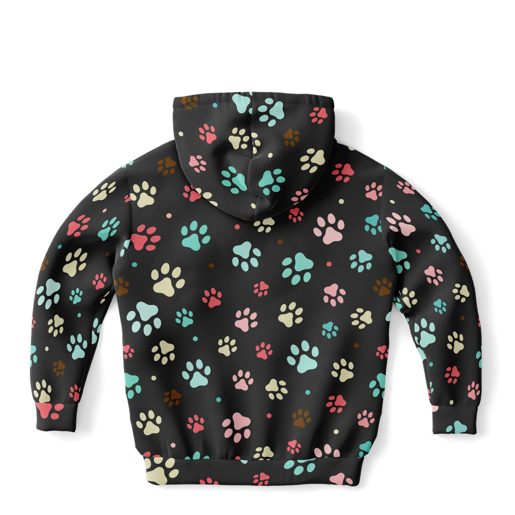 Black kids paw print hoodie with multicolored paw pattern in pink teal cream and brown cozy cotton fleece