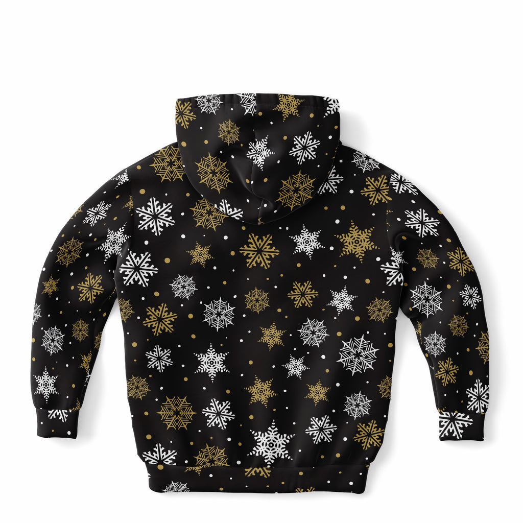 Kids Dark Brown, Gold & White Snowflake Christmas Hoodie – Ultra Comfy & Stretchy, Cozy Fleece or Lightweight Sports Fabric, Double-Layer Hood & Kangaroo Pocket