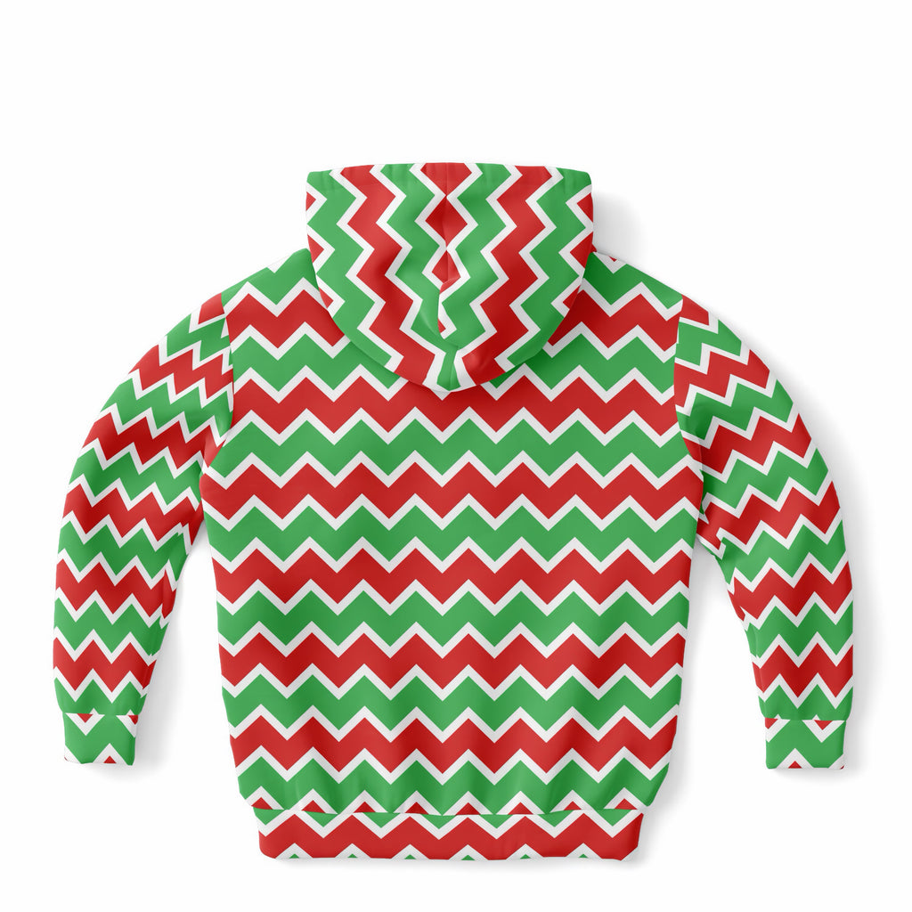 Kids Red & Green Christmas Chevron Hoodie – Ultra Comfy & Stretchy, Cozy Fleece or Lightweight Sports Fabric, Double-Layer Hood & Kangaroo Pocket
