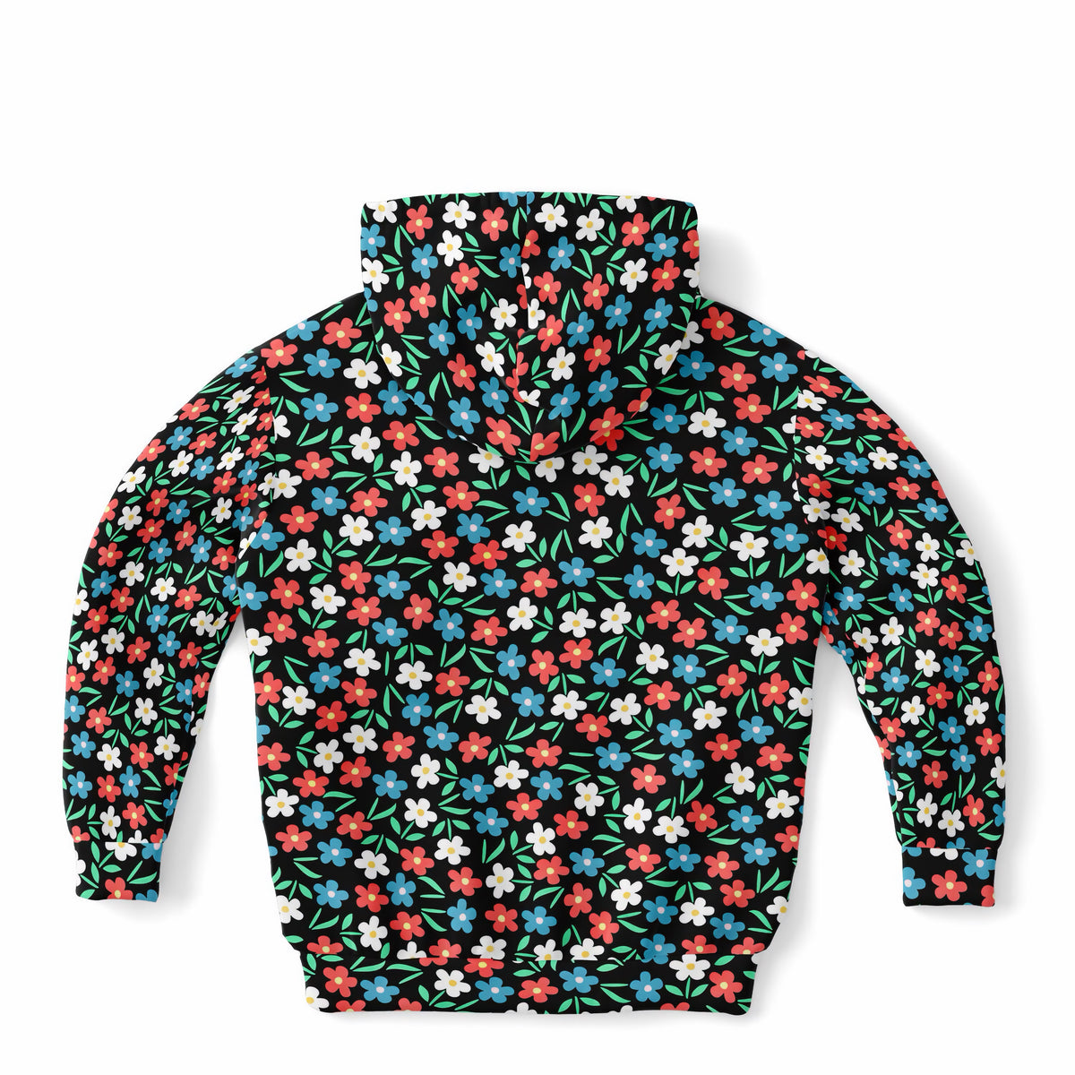 Girls Bright Red, Blue & White Flowers Hoodie – Ultra Comfy & Stretchy, Cozy Fleece or Lightweight Sports Fabric, Double-Layer Hood & Kangaroo Pocket