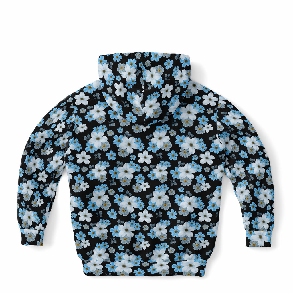 Girls Beautiful Sky Blue Flowers Hoodie – Ultra Comfy & Stretchy, Cozy Fleece or Lightweight Sports Fabric, Double-Layer Hood & Kangaroo Pocket