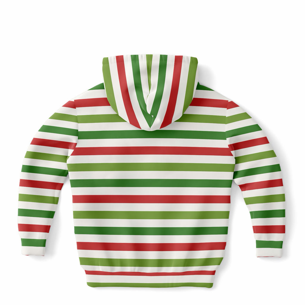Kids Christmas Red & Green Striped Hoodie – Ultra Comfy & Stretchy, Cozy Fleece or Lightweight Sports Fabric, Double-Layer Hood & Kangaroo Pocket