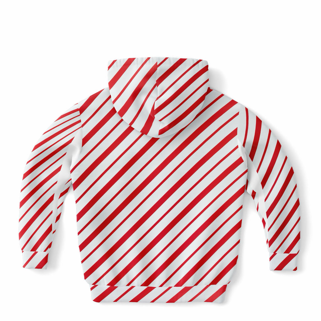 Kids Red & White Candy Cane Striped Christmas Hoodie – Ultra Comfy & Stretchy, Cozy Fleece or Lightweight Sports Fabric, Double-Layer Hood & Kangaroo Pocket