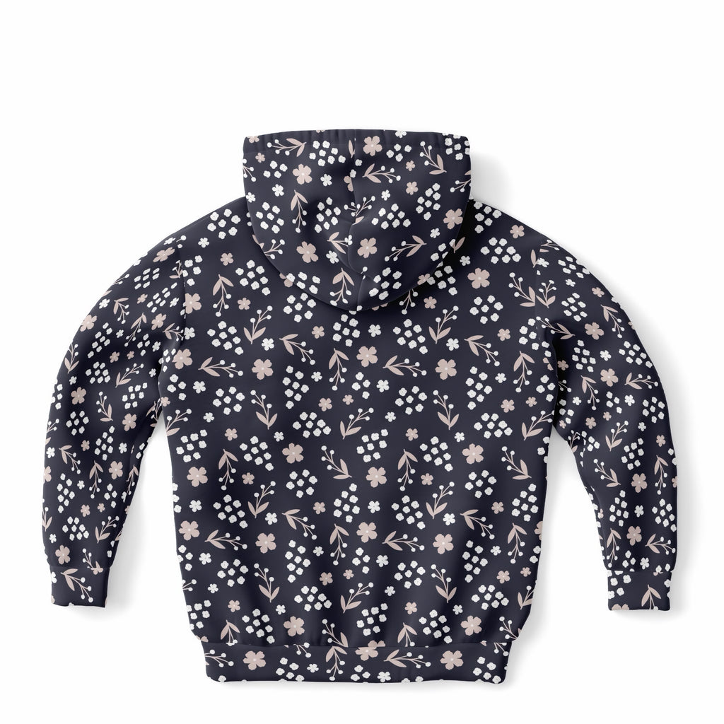 Girls Dark Navy Blue Floral Hoodie – Ultra Comfy & Stretchy, Cozy Fleece or Lightweight Sports Fabric, Double-Layer Hood & Kangaroo Pocket