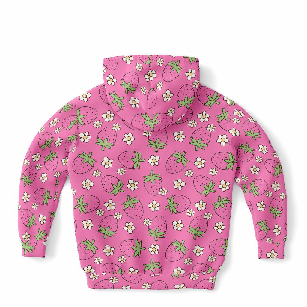 Girls Pink Strawberry Hoodie – Ultra Comfy & Stretchy, Cozy Fleece or Lightweight Sports Fabric, Double-Layer Hood & Kangaroo Pocket