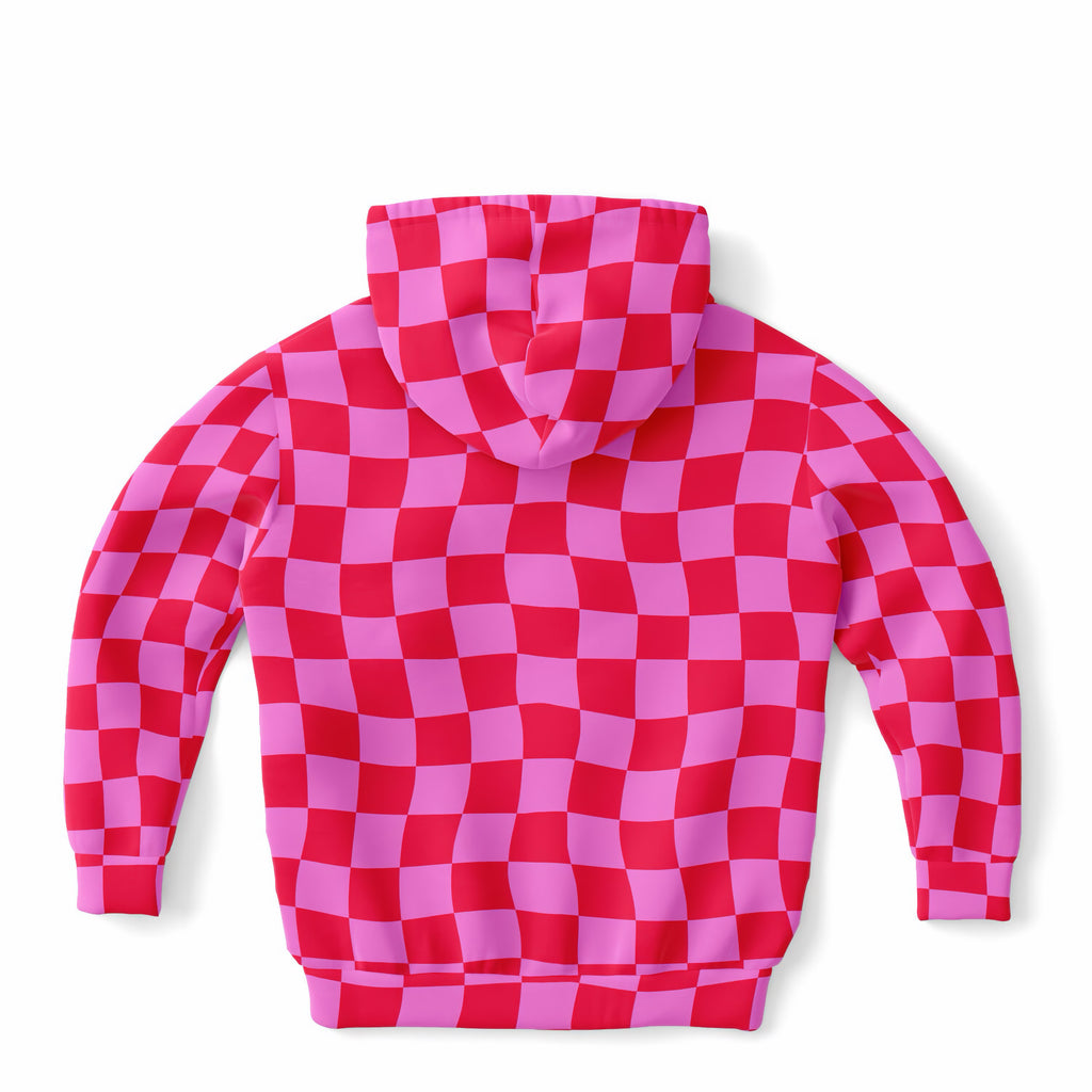 Girls Bright Pink Checkered Hoodie – Ultra Comfy & Stretchy, Cozy Fleece or Lightweight Sports Fabric, Double-Layer Hood & Kangaroo Pocket