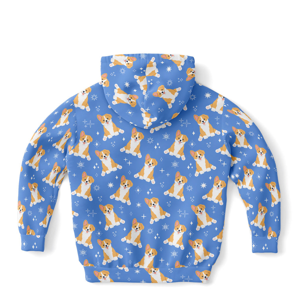 Kids Blue Corgi Dog Hoodie – Cozy Cotton Fleece or Lightweight Sports Fabric