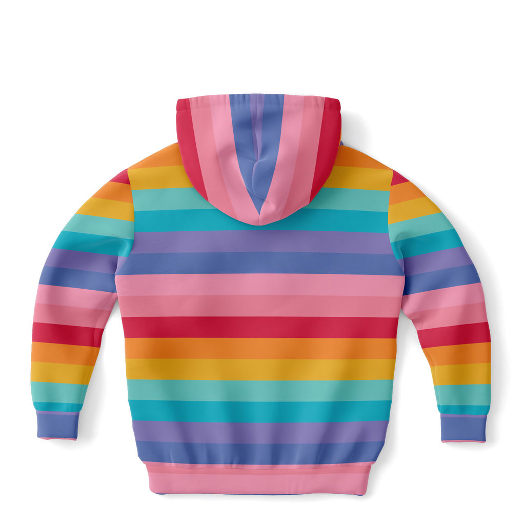 Girls striped bright rainbow hoodie with vibrant horizontal stripes in cotton fleece or lightweight sports fabric