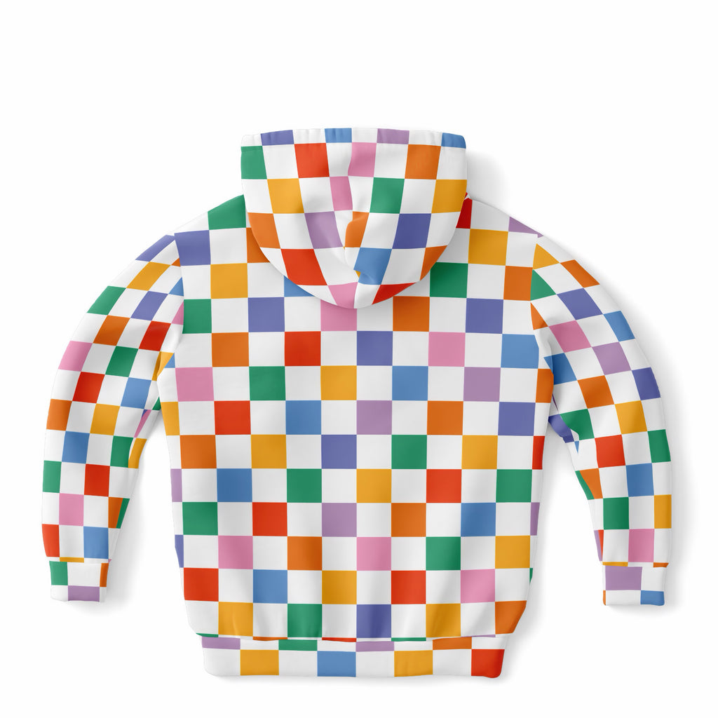 Girls Bright Rainbow Checkered Hoodie – Ultra Comfy & Stretchy, Cozy Fleece or Lightweight Sports Fabric, Double-Layer Hood & Kangaroo Pocket