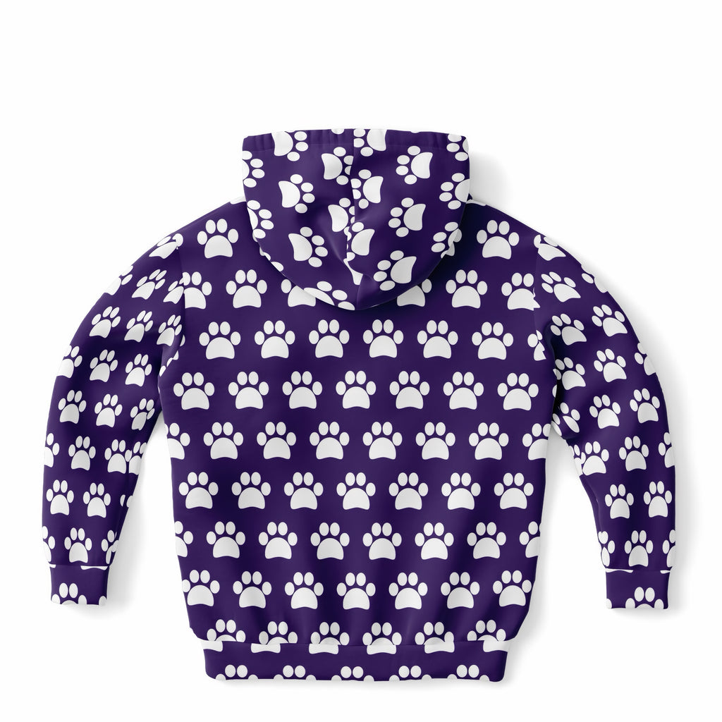 Girls Dark Purple Paw Print Hoodie – Ultra Comfy & Stretchy, Cozy Fleece or Lightweight Sports Fabric, Double-Layer Hood & Kangaroo Pocket