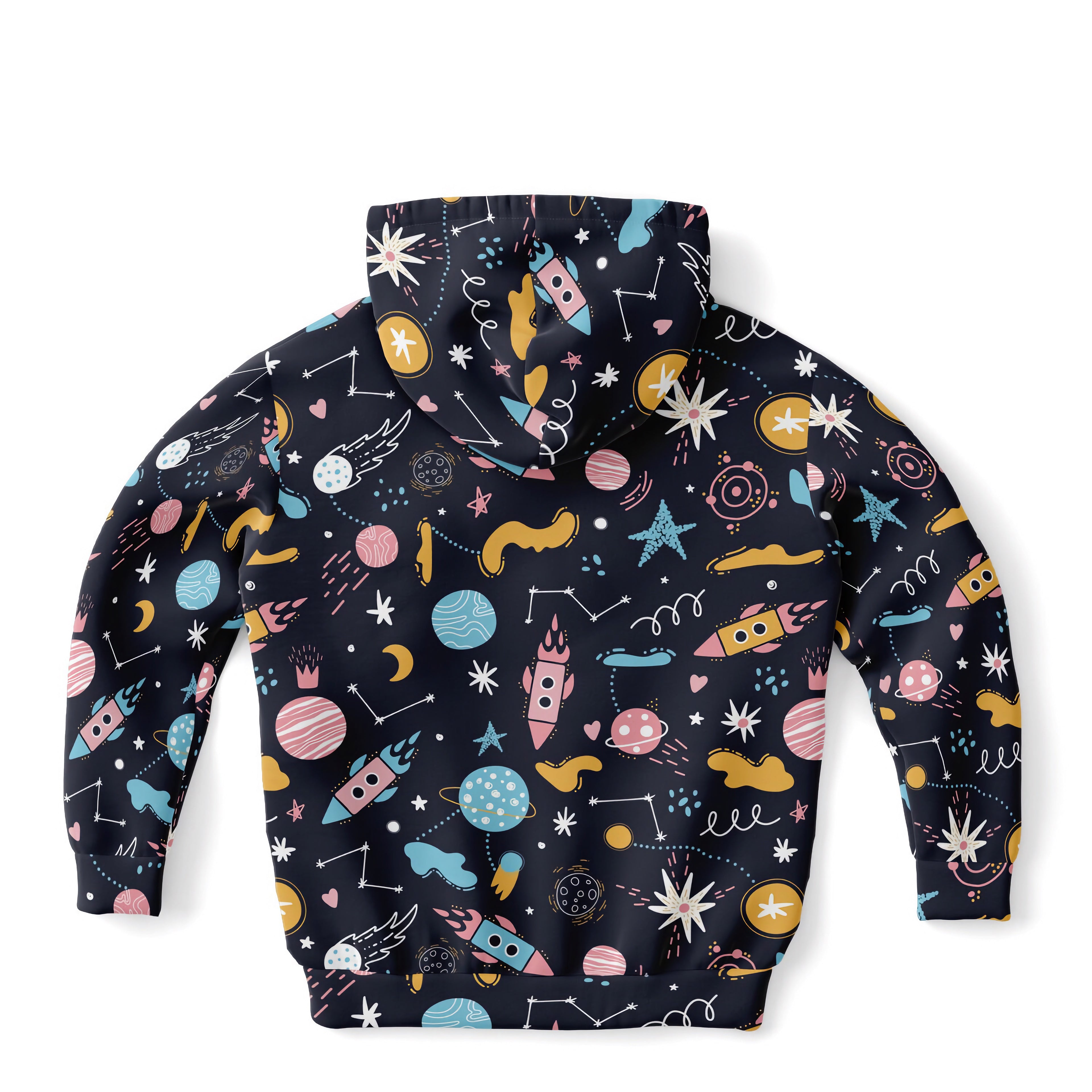 A navy blue kids outer space hoodie with colorful rocket and planet patterns made of cozy cotton fleece