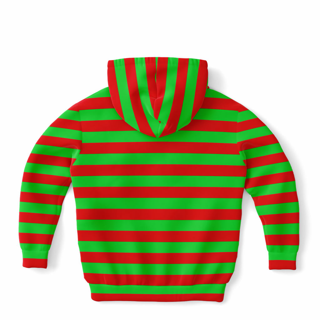 Kids Striped Red & Green Christmas Hoodie – Ultra Comfy & Stretchy, Cozy Fleece or Lightweight Sports Fabric, Double-Layer Hood & Kangaroo Pocket