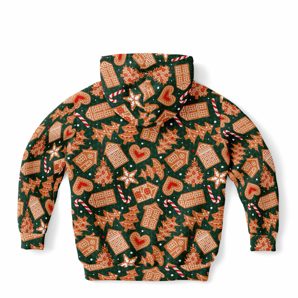 Kids Green Gingerbread Cookies Christmas Hoodie – Ultra Comfy & Stretchy, Cozy Fleece or Lightweight Sports Fabric, Double-Layer Hood & Kangaroo Pocket
