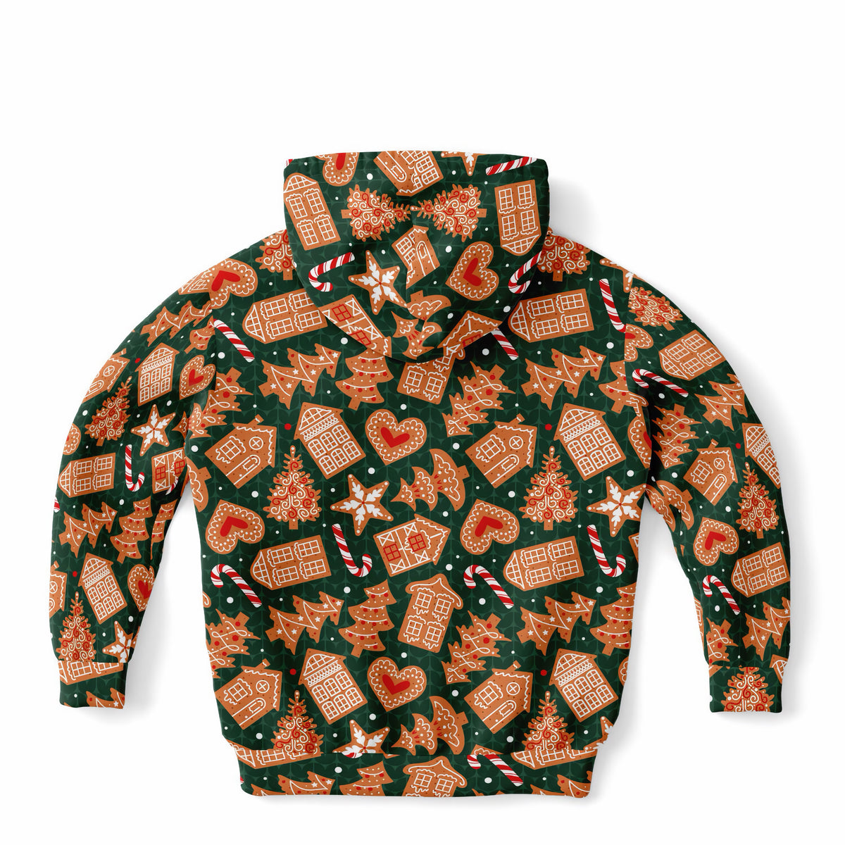 Kids Green Gingerbread Cookies Christmas Hoodie – Ultra Comfy & Stretchy, Cozy Fleece or Lightweight Sports Fabric, Double-Layer Hood & Kangaroo Pocket