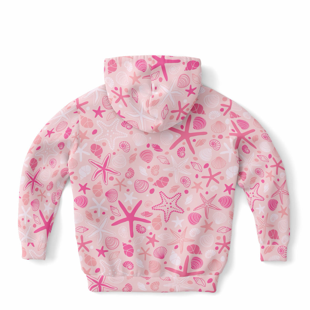 Girls Pink Starfish & Shells Hoodie – Ultra Comfy & Stretchy, Cozy Fleece or Lightweight Sports Fabric, Double-Layer Hood & Kangaroo Pocket