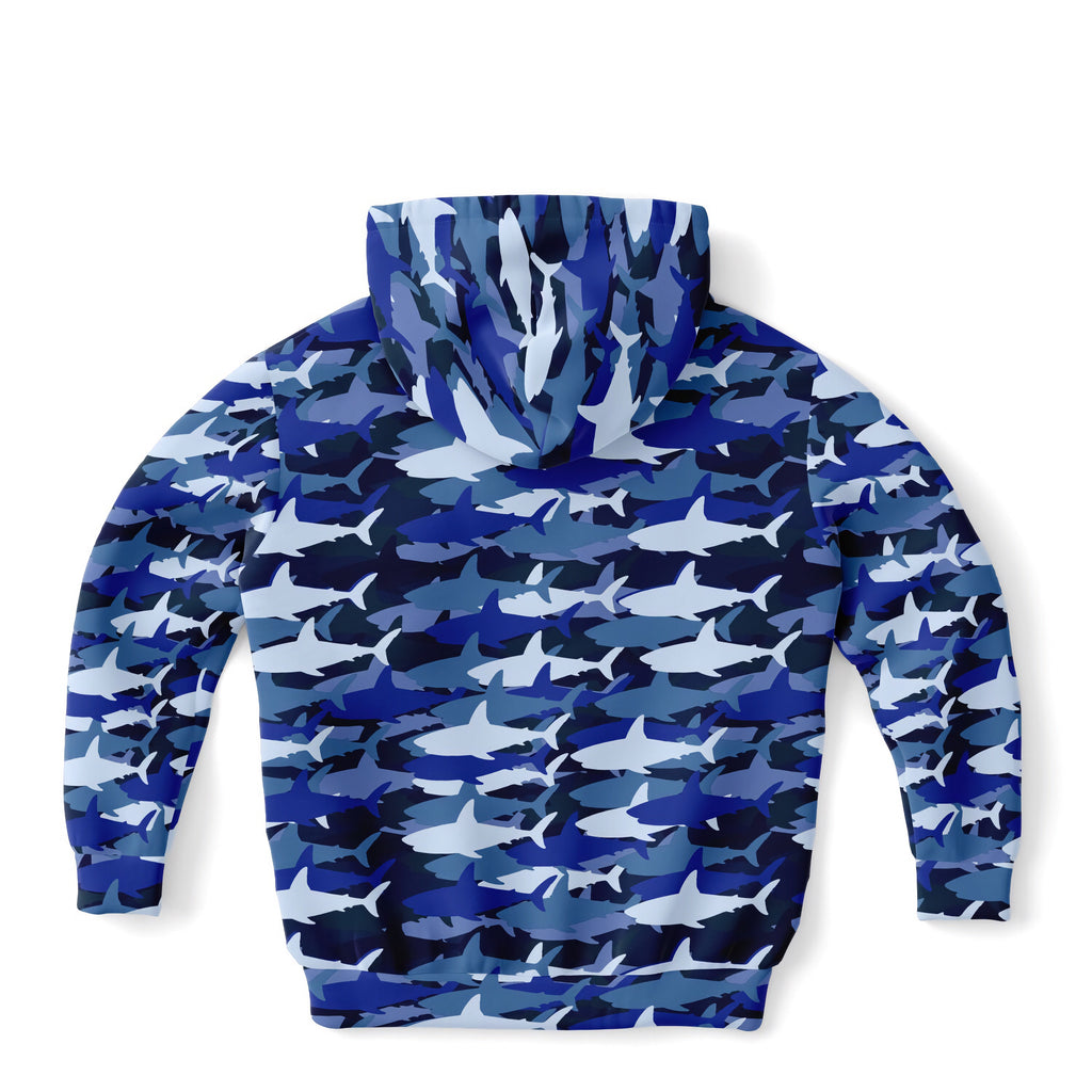 Kids blue shark hoodie with blue and white camouflage pattern made of cozy cotton fleece or lightweight sports fabric
