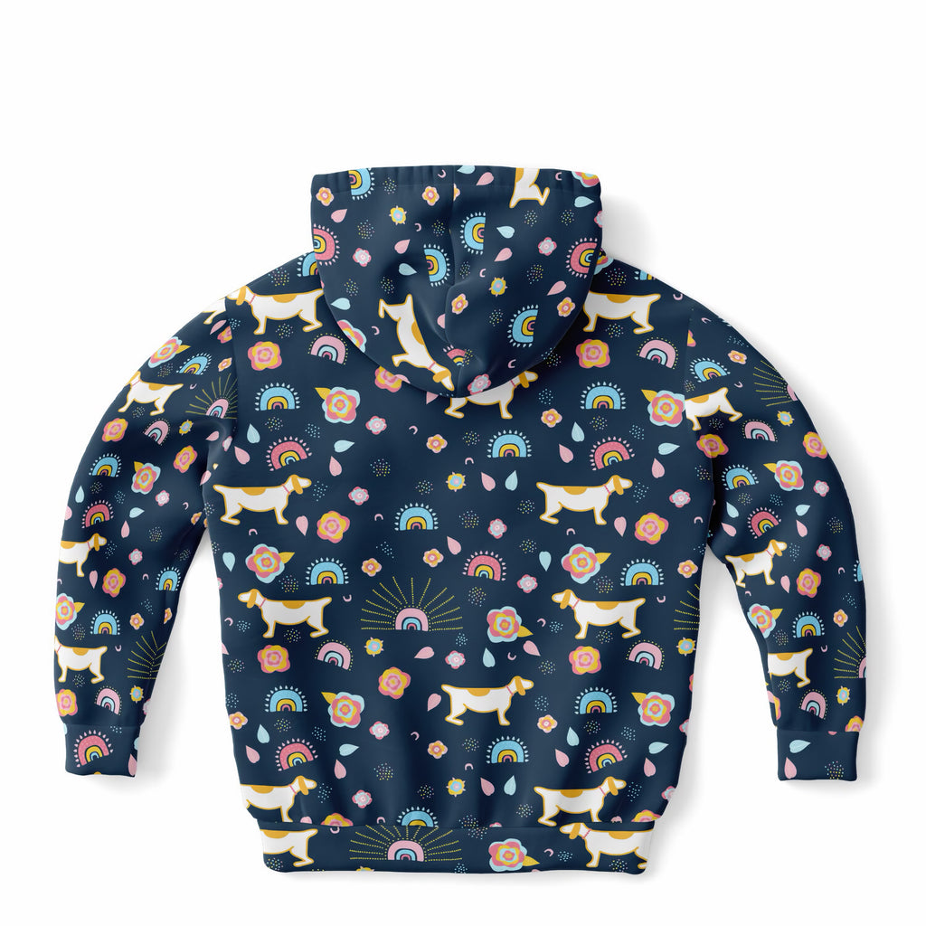 Girls Cute Dogs & Rainbows Hoodie – Ultra Comfy & Stretchy, Cozy Fleece or Lightweight Sports Fabric, Double-Layer Hood & Kangaroo Pocket