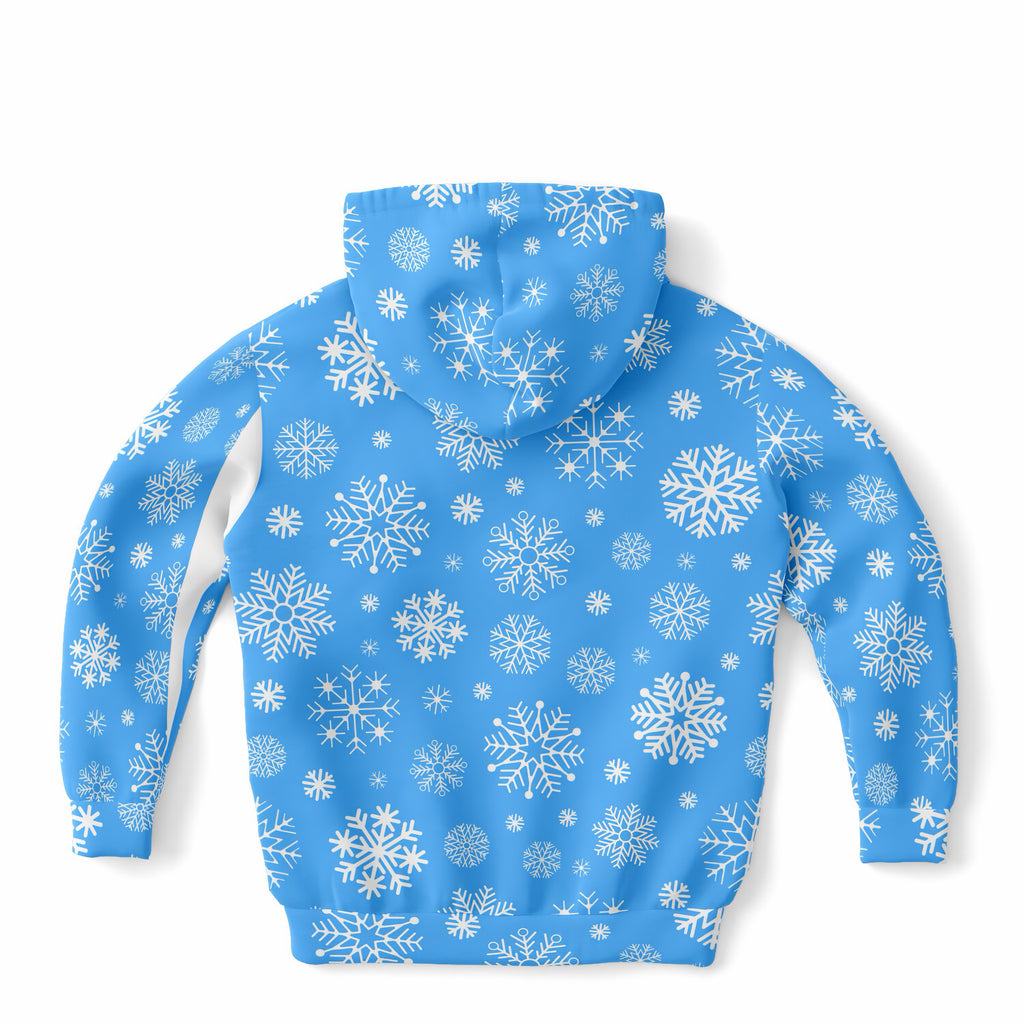 Kids Blue Snowflake Christmas Hoodie – Ultra Comfy & Stretchy, Cozy Fleece or Lightweight Sports Fabric, Double-Layer Hood & Kangaroo Pocket