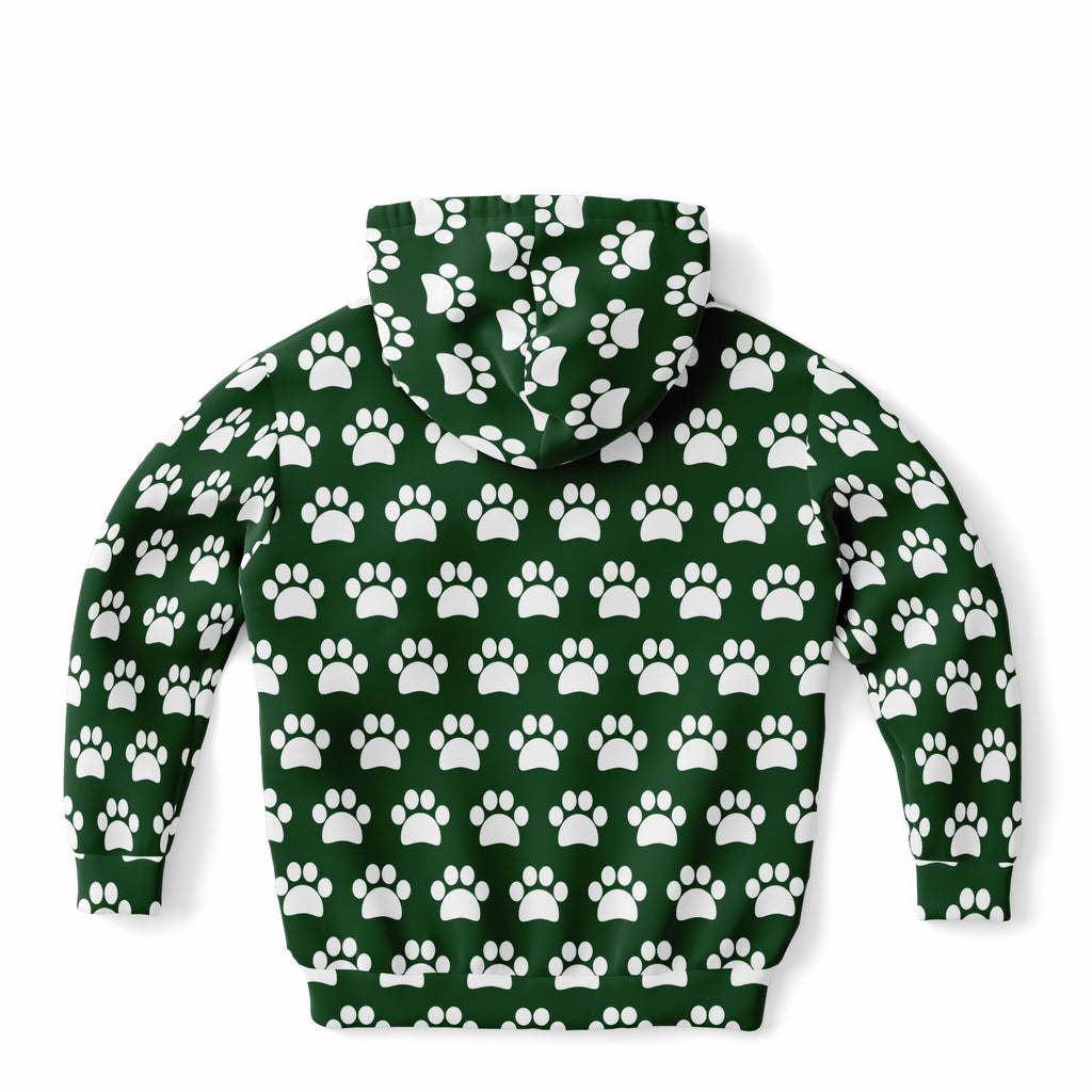 Kids Forest Green Paw Print Hoodie – Ultra Comfy & Stretchy, Cozy Fleece or Lightweight Sports Fabric, Double-Layer Hood & Kangaroo Pocket