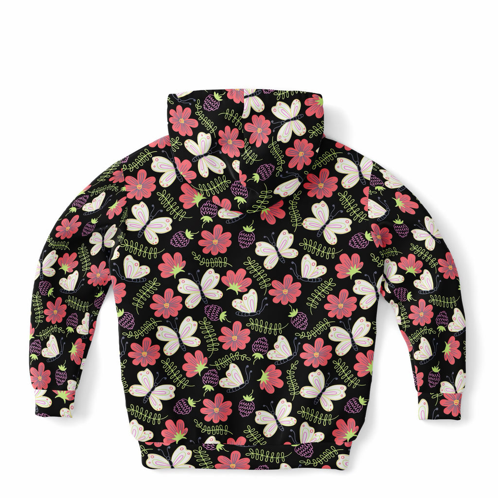 Girls Black Butterfly & Floral Hoodie – Ultra Comfy & Stretchy, Cozy Fleece or Lightweight Sports Fabric, Double-Layer Hood & Kangaroo Pocket