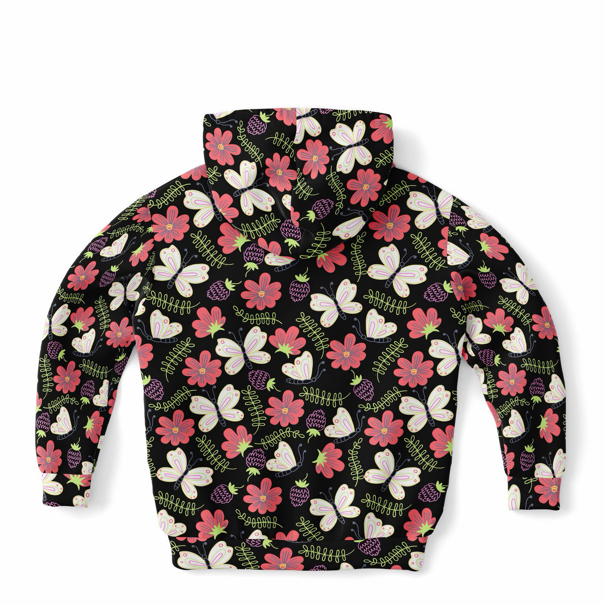 Girls Black Butterfly & Floral Hoodie – Ultra Comfy & Stretchy, Cozy Fleece or Lightweight Sports Fabric, Double-Layer Hood & Kangaroo Pocket
