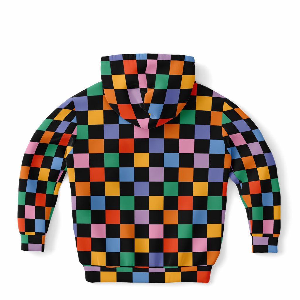 Girls Colorful Rainbow Checkered Hoodie – Ultra Comfy & Stretchy, Cozy Fleece or Lightweight Sports Fabric, Double-Layer Hood & Kangaroo Pocket
