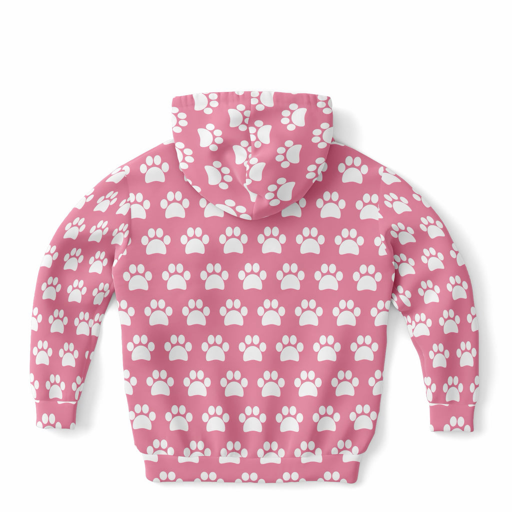 Girls Pink Paw Print Hoodie – Ultra Comfy & Stretchy, Cozy Fleece or Lightweight Sports Fabric, Double-Layer Hood & Kangaroo Pocket