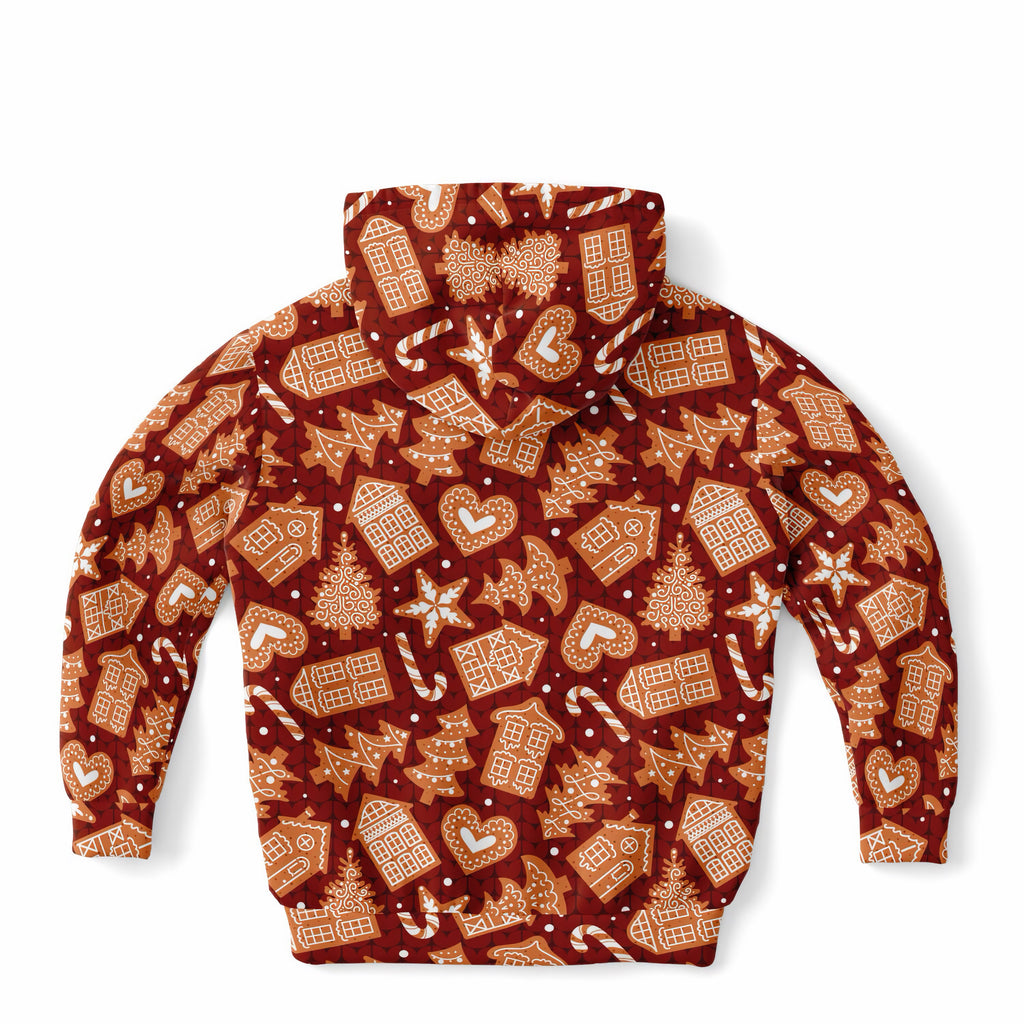 Kids Red Gingerbread Cookies Christmas Hoodie – Ultra Comfy & Stretchy, Cozy Fleece or Lightweight Sports Fabric, Double-Layer Hood & Kangaroo Pocket