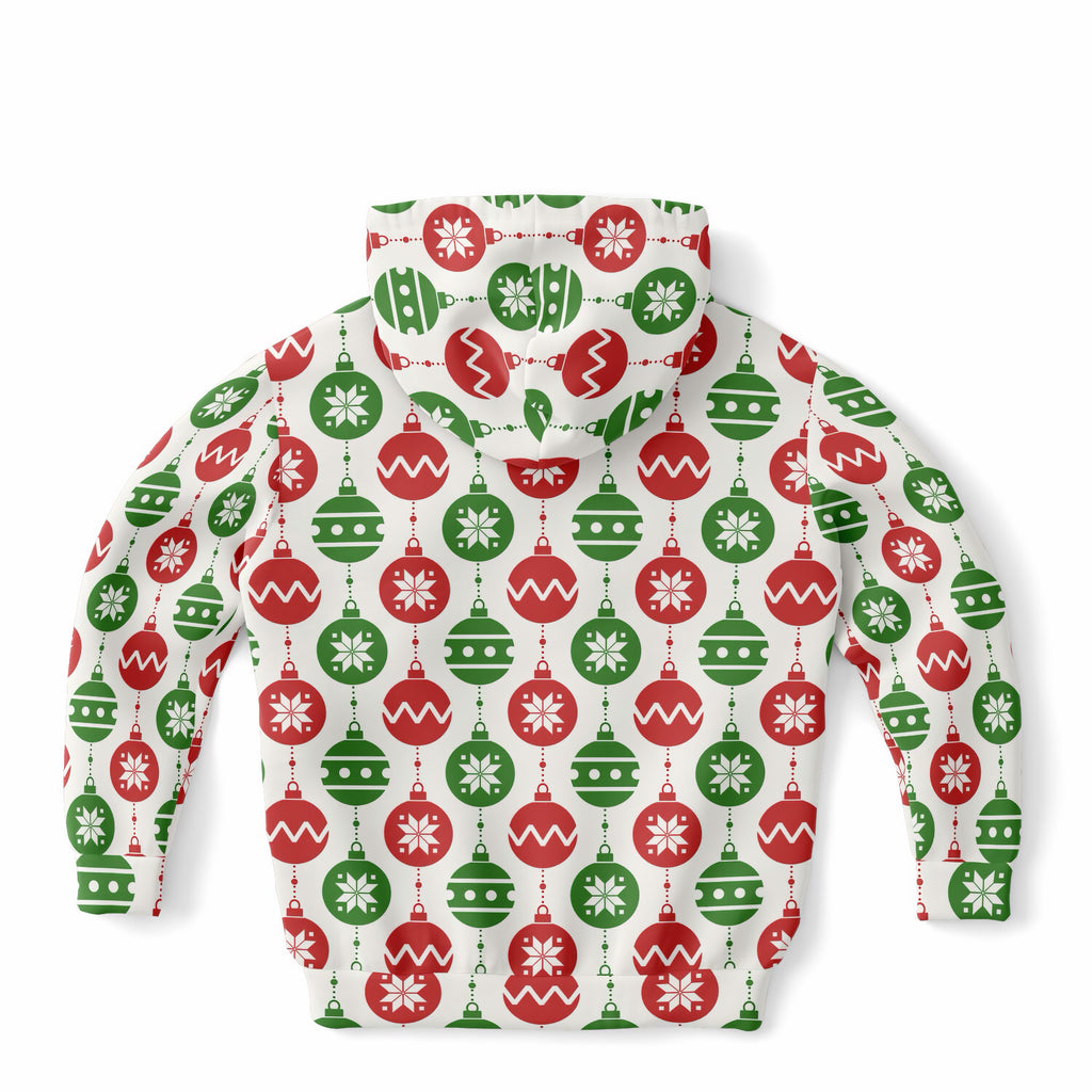 Kids Christmas Red & Green Christmas Ornaments Hoodie – Ultra Comfy & Stretchy, Cozy Fleece or Lightweight Sports Fabric, Double-Layer Hood & Kangaroo Pocket