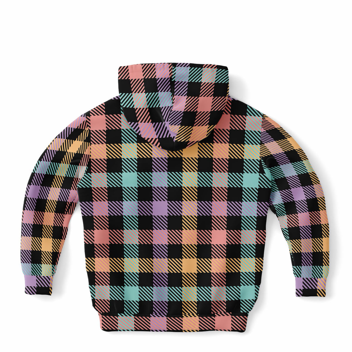 Girls Colorful Black Pastel Plaid Hoodie – Ultra Comfy & Stretchy, Cozy Fleece or Lightweight Sports Fabric, Double-Layer Hood & Kangaroo Pocket