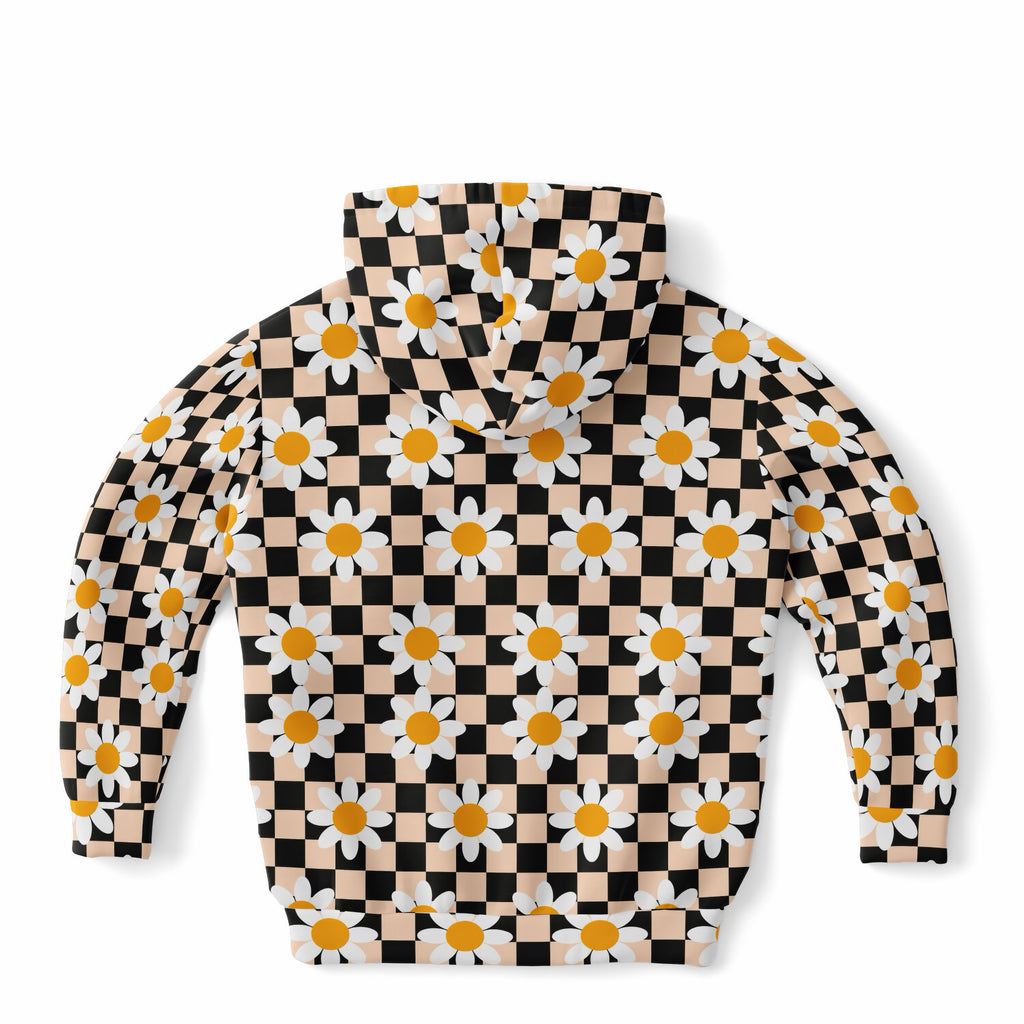 Girls Daisy Checkered Hoodie – Ultra Comfy & Stretchy, Cozy Fleece or Lightweight Sports Fabric, Double-Layer Hood & Kangaroo Pocket